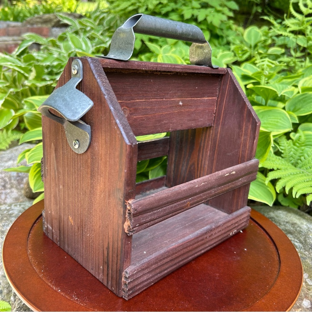 Rustic Wooden Caddy with Built-In Bottle Opener 🍻 | Dark Brown | Summer Ready ☀️ - Picture 5 of 9